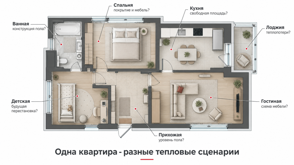 схема выбора теплого пола для разных комнат квартиры